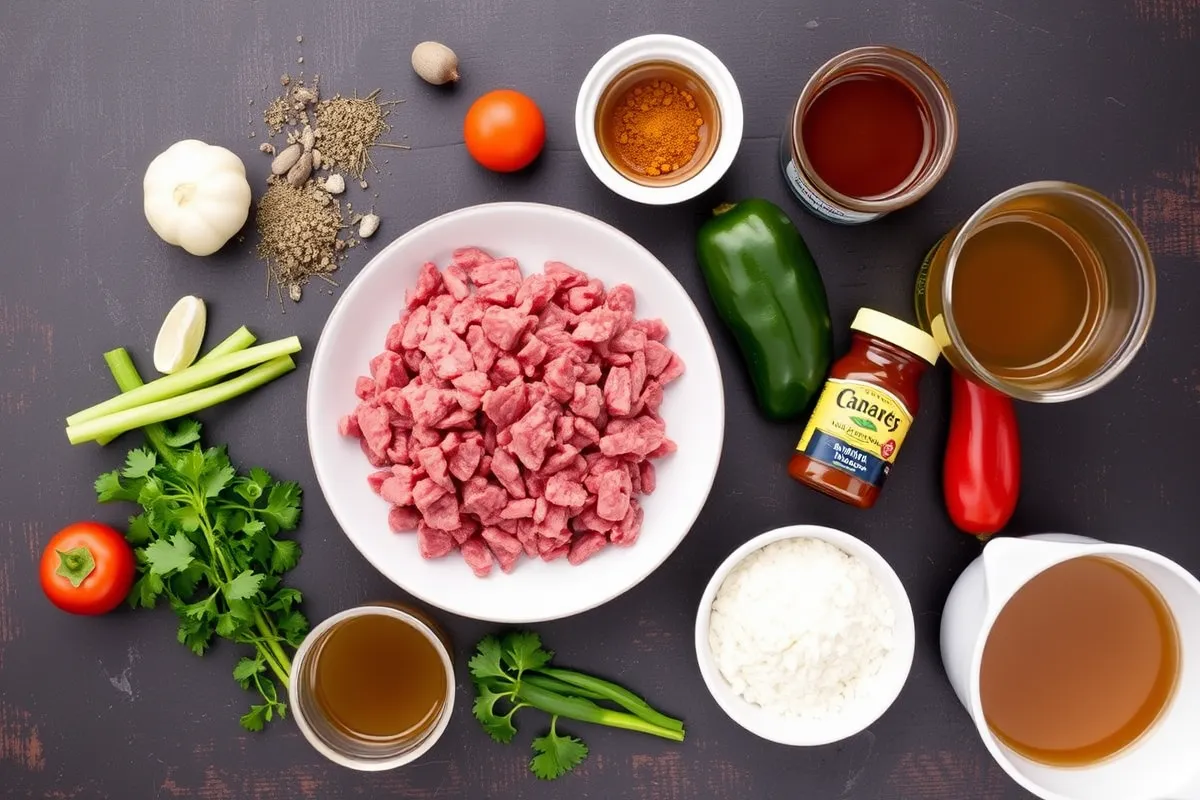  Ingredients for venison chili without beans arranged on a table.