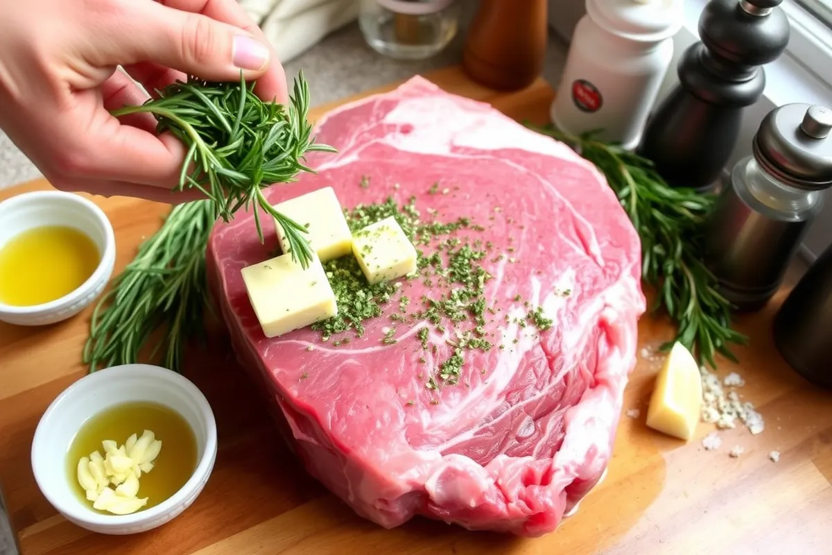 Hands seasoning a boneless prime rib with garlic-herb butter.