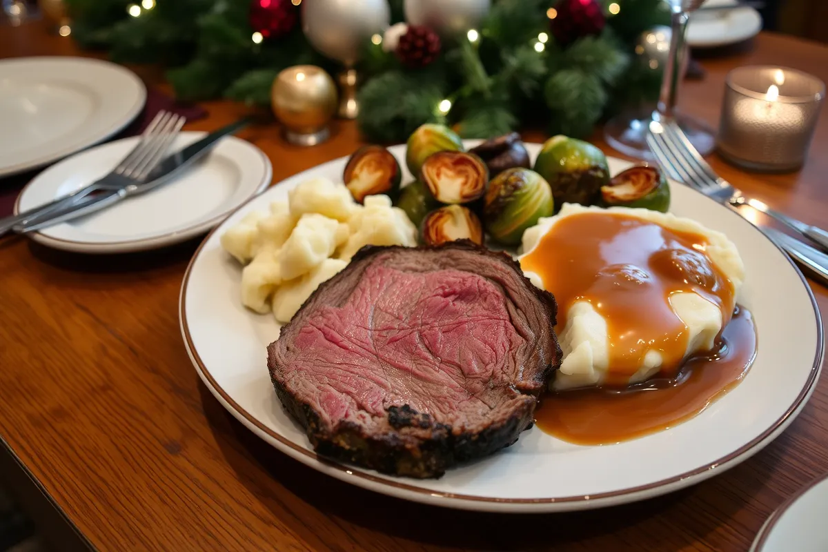 Dinner plate with prime rib, mashed potatoes, and Brussels sprouts