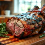 Perfectly cooked prime rib roast on a carving board with herbs.