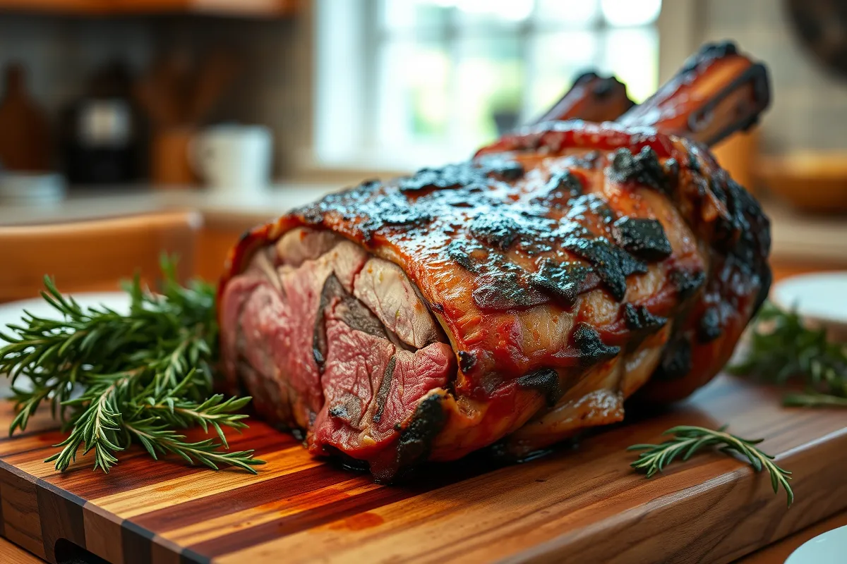 Perfectly cooked prime rib roast on a carving board with herbs.