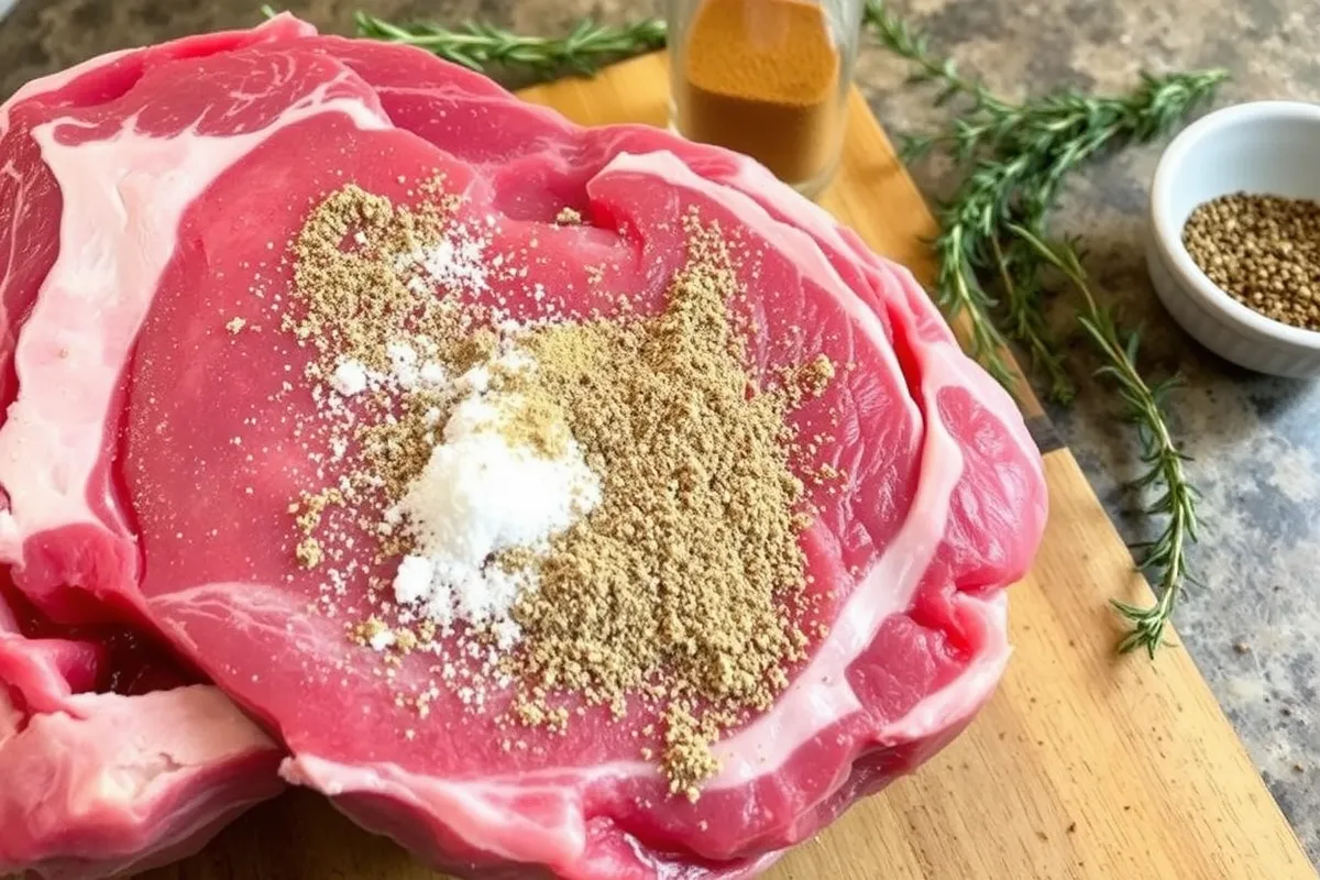 Raw prime rib being seasoned with dry rub spices.