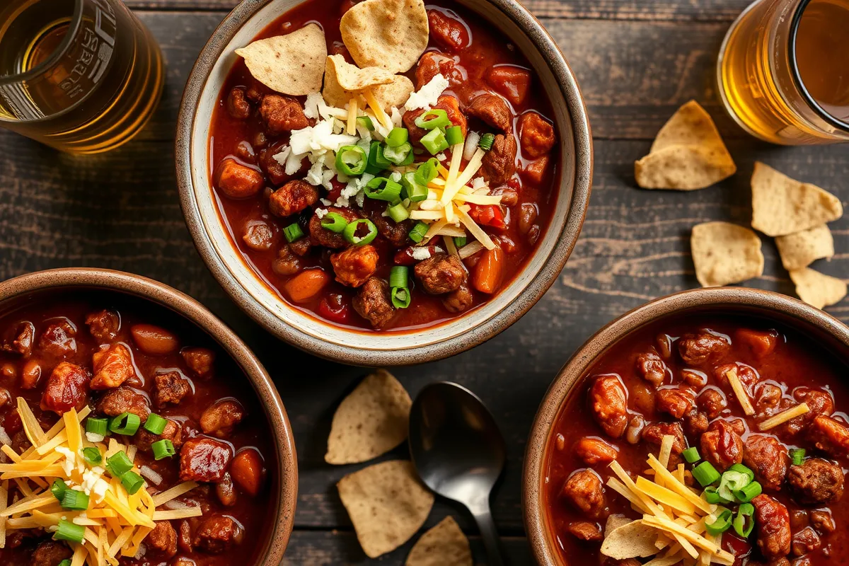 Venison chili served with toppings and sides