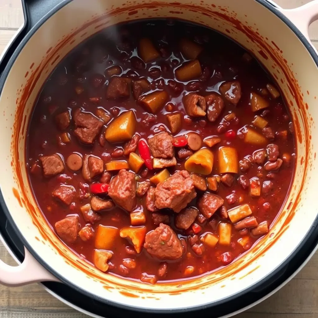 A cooking pot filled with simmering venison chili without beans, with visible chunks of venison, vegetables, and rich, dark chili sauce.