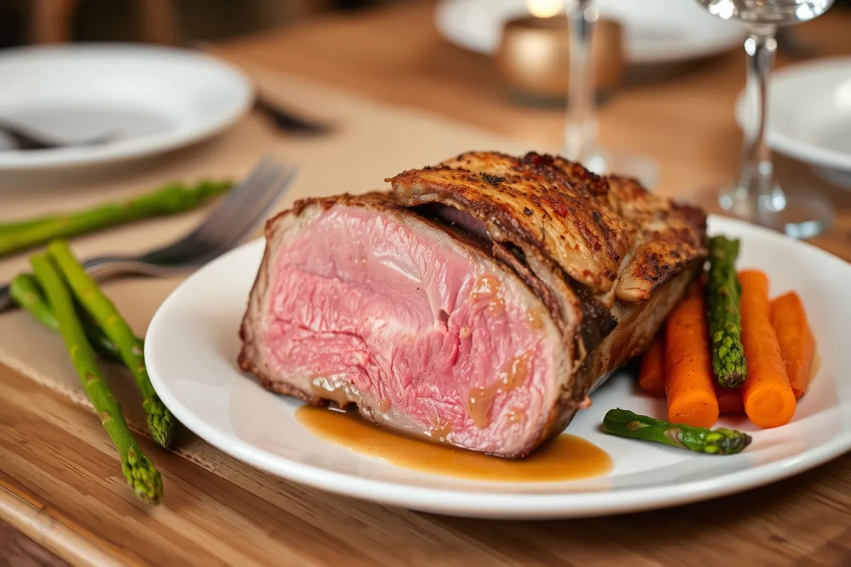 Sliced boneless prime rib served with roasted vegetables.